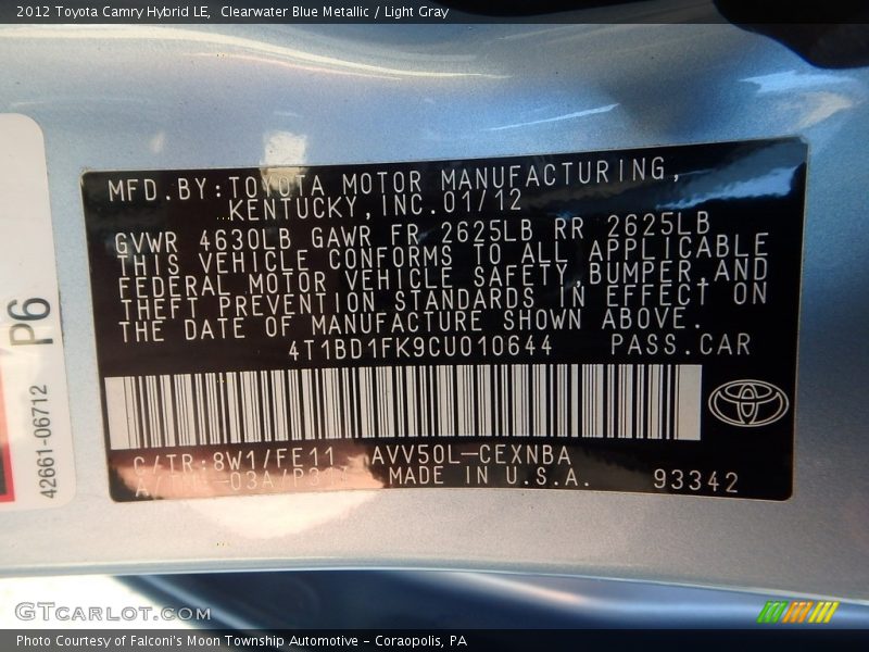 Clearwater Blue Metallic / Light Gray 2012 Toyota Camry Hybrid LE