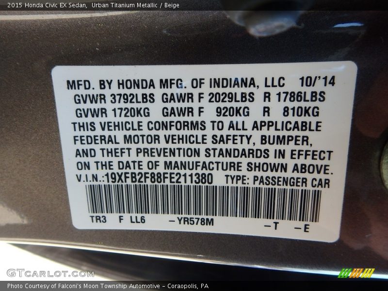 Urban Titanium Metallic / Beige 2015 Honda Civic EX Sedan