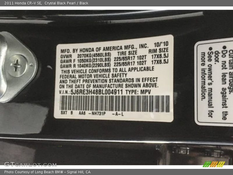 Crystal Black Pearl / Black 2011 Honda CR-V SE