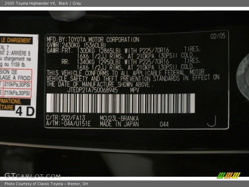 Black / Gray 2005 Toyota Highlander V6