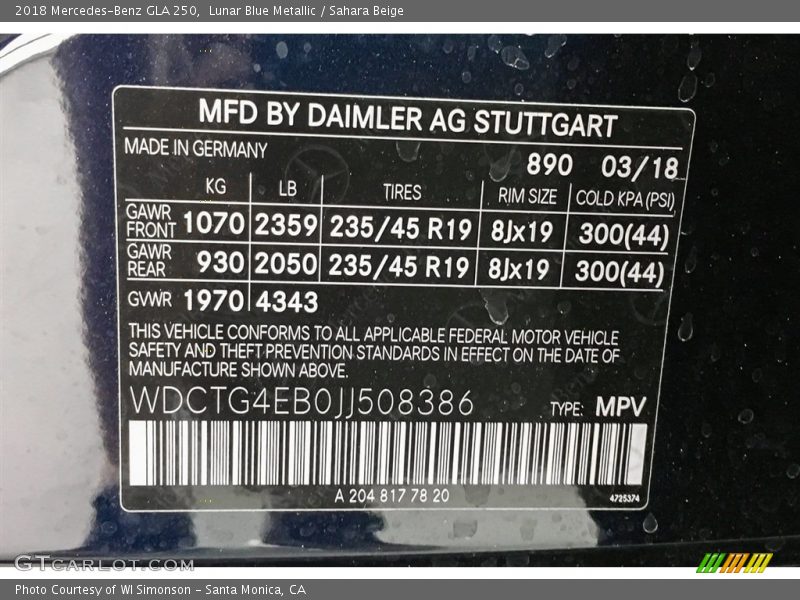 Lunar Blue Metallic / Sahara Beige 2018 Mercedes-Benz GLA 250