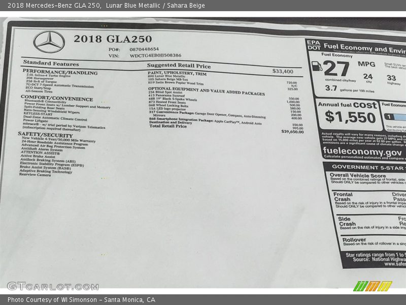 Lunar Blue Metallic / Sahara Beige 2018 Mercedes-Benz GLA 250