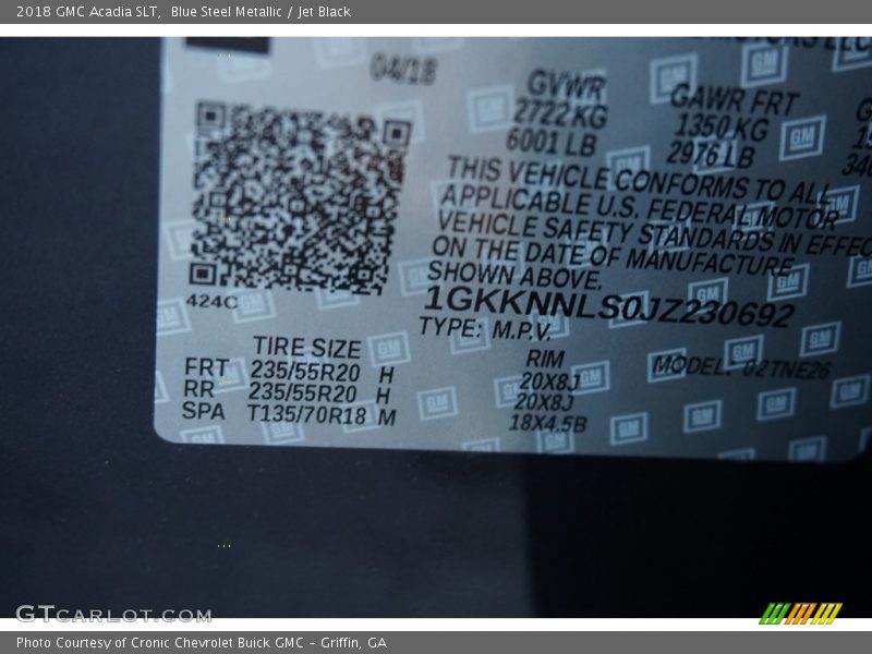 Blue Steel Metallic / Jet Black 2018 GMC Acadia SLT