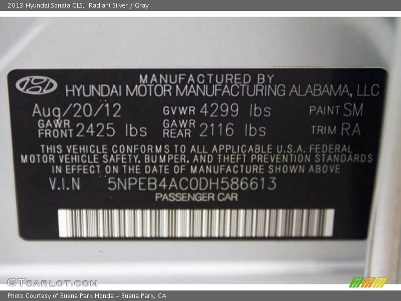 Radiant Silver / Gray 2013 Hyundai Sonata GLS