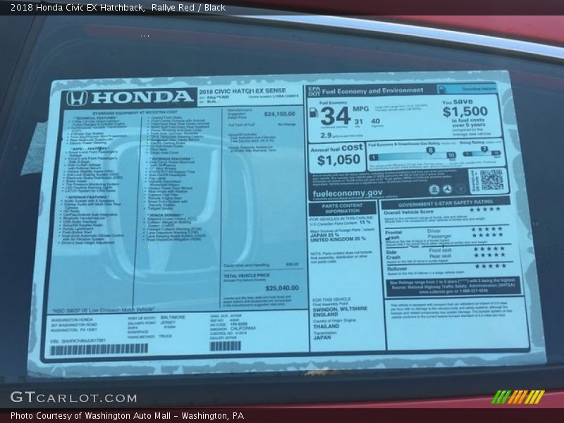 Rallye Red / Black 2018 Honda Civic EX Hatchback