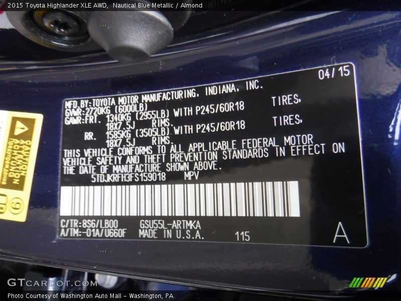 Nautical Blue Metallic / Almond 2015 Toyota Highlander XLE AWD
