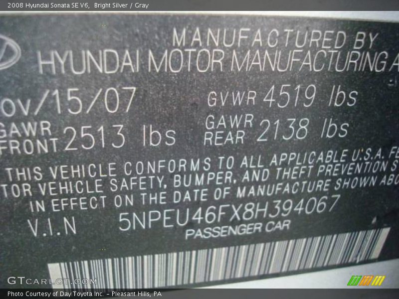 Bright Silver / Gray 2008 Hyundai Sonata SE V6