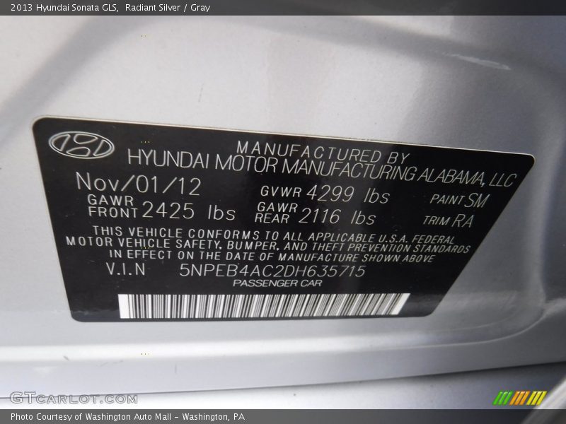 Radiant Silver / Gray 2013 Hyundai Sonata GLS