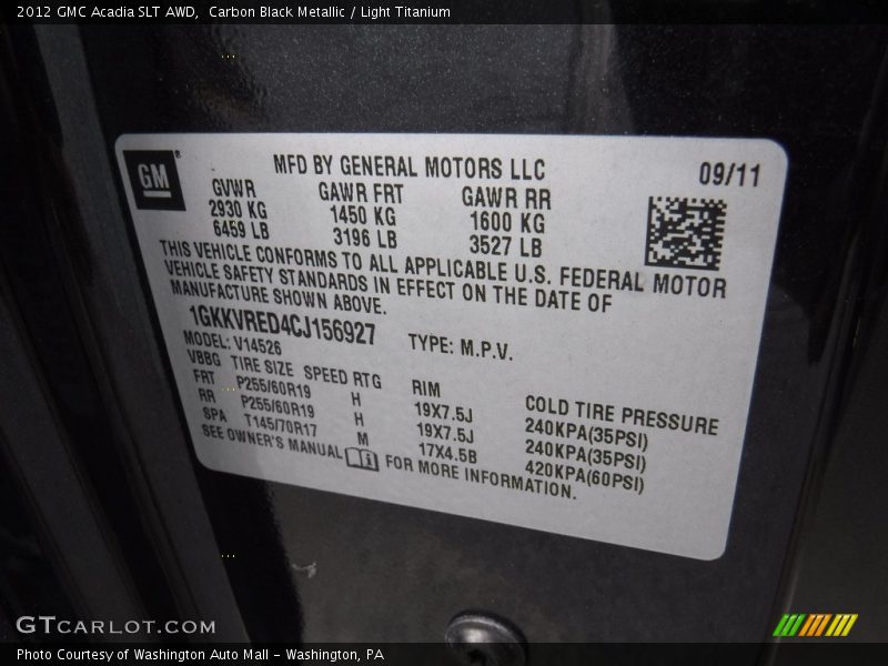 Carbon Black Metallic / Light Titanium 2012 GMC Acadia SLT AWD