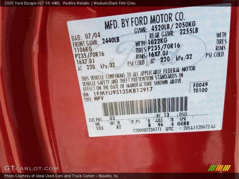 Redfire Metallic / Medium/Dark Flint Grey 2005 Ford Escape XLT V6 4WD