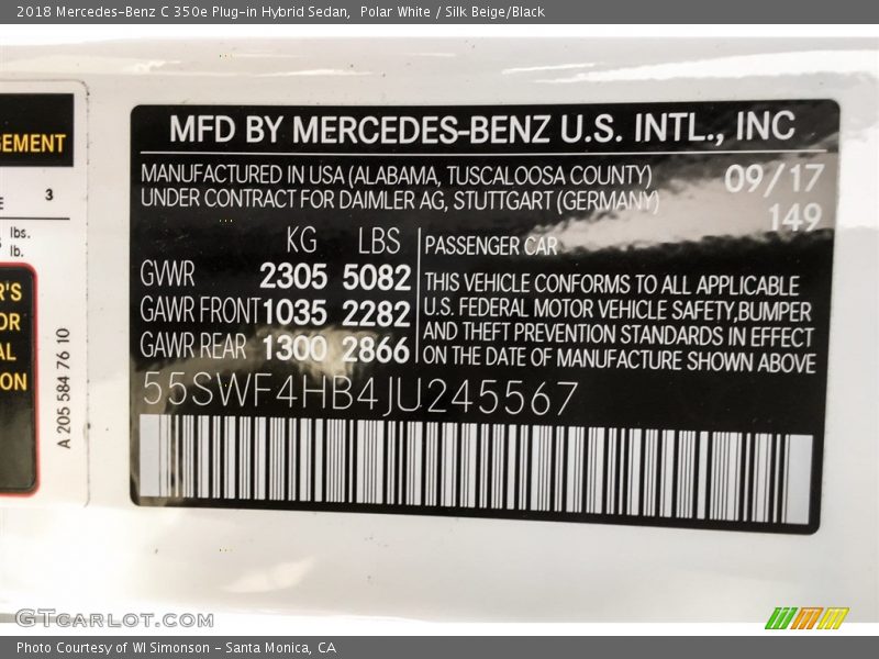 Polar White / Silk Beige/Black 2018 Mercedes-Benz C 350e Plug-in Hybrid Sedan