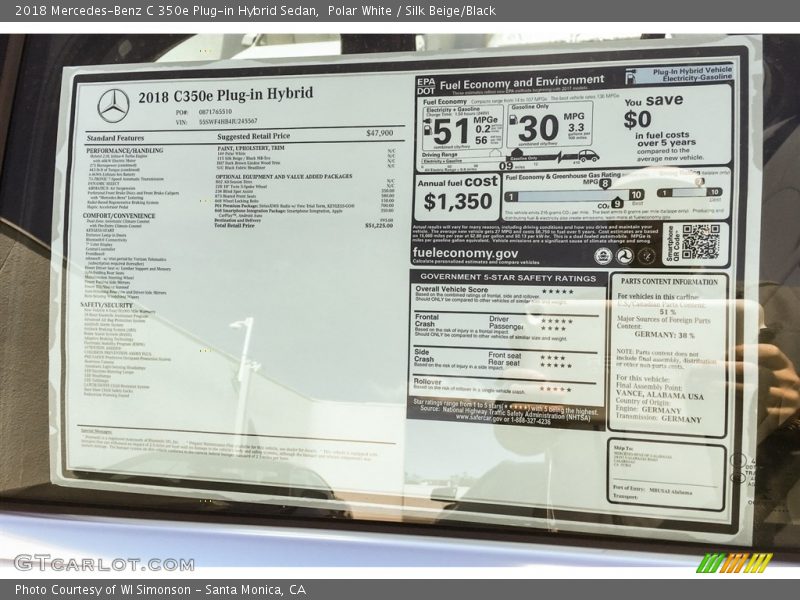 Polar White / Silk Beige/Black 2018 Mercedes-Benz C 350e Plug-in Hybrid Sedan