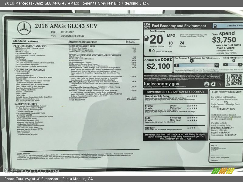  2018 GLC AMG 43 4Matic Window Sticker