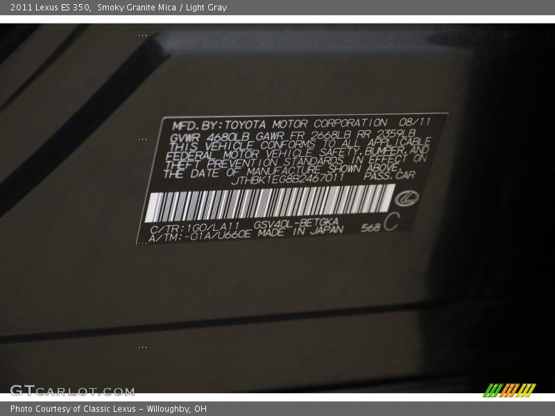 Smoky Granite Mica / Light Gray 2011 Lexus ES 350