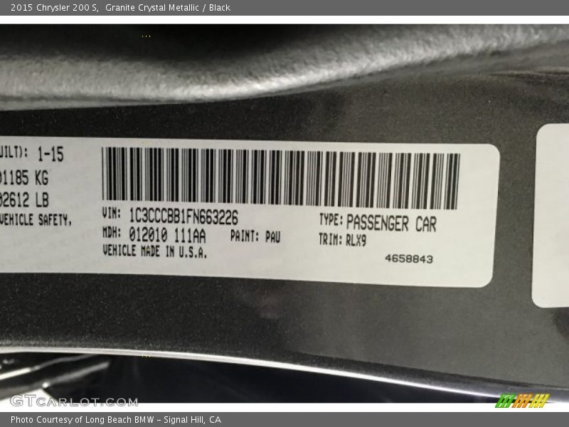 Granite Crystal Metallic / Black 2015 Chrysler 200 S