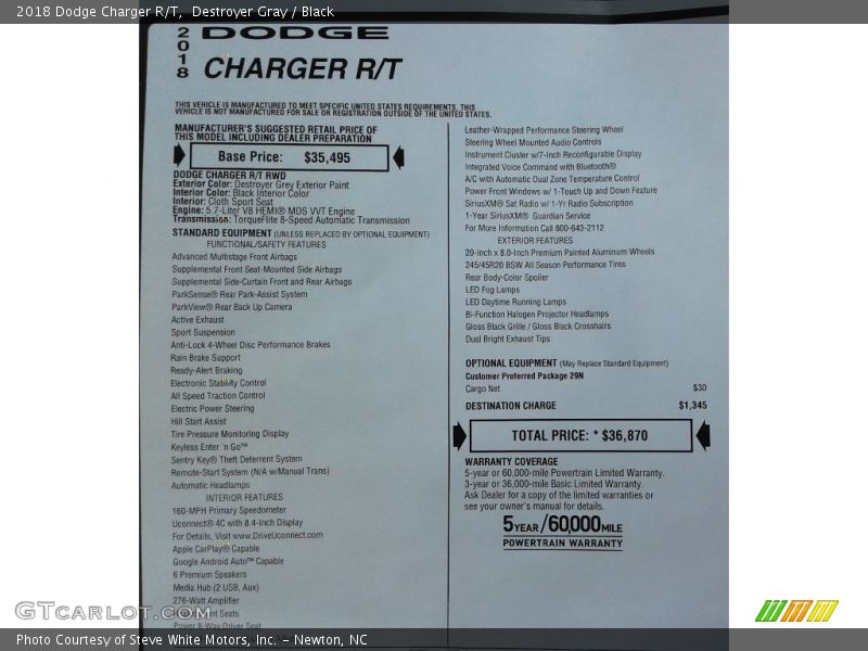 Destroyer Gray / Black 2018 Dodge Charger R/T