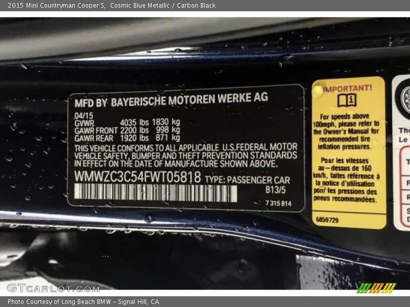 Cosmic Blue Metallic / Carbon Black 2015 Mini Countryman Cooper S