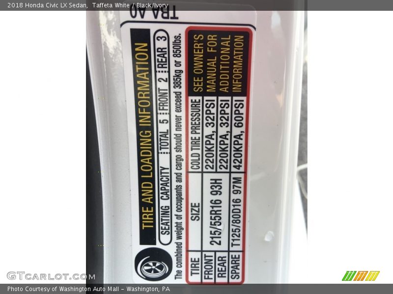 Taffeta White / Black/Ivory 2018 Honda Civic LX Sedan