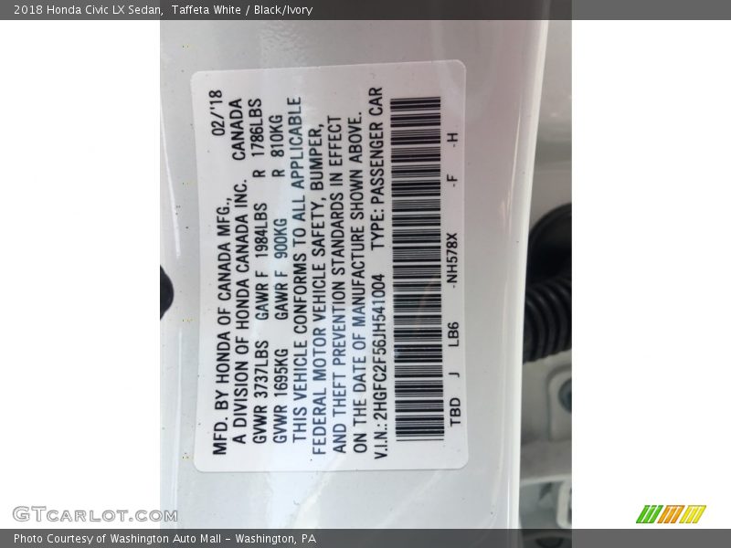 Taffeta White / Black/Ivory 2018 Honda Civic LX Sedan