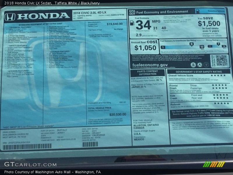 Taffeta White / Black/Ivory 2018 Honda Civic LX Sedan