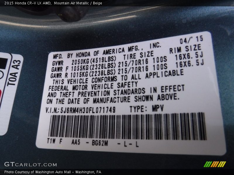 Mountain Air Metallic / Beige 2015 Honda CR-V LX AWD