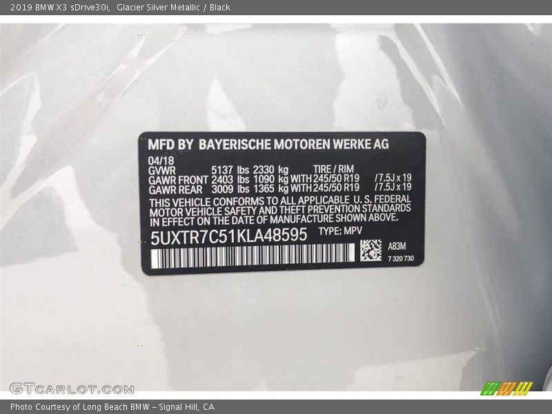 2019 X3 sDrive30i Glacier Silver Metallic Color Code A83