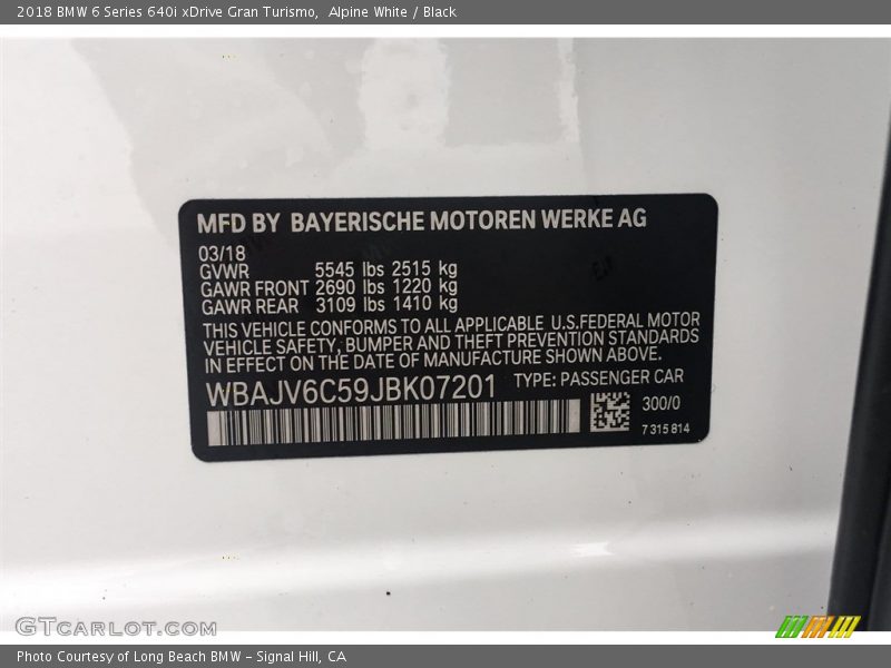 Alpine White / Black 2018 BMW 6 Series 640i xDrive Gran Turismo