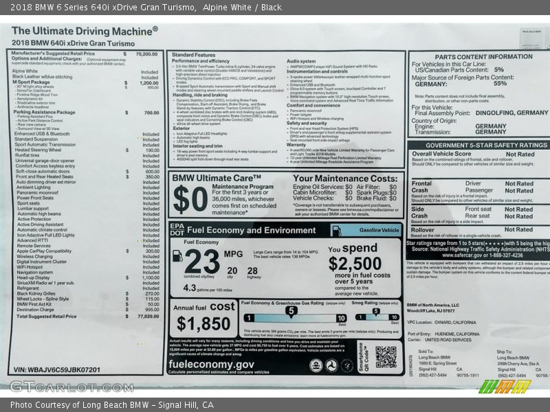 Alpine White / Black 2018 BMW 6 Series 640i xDrive Gran Turismo