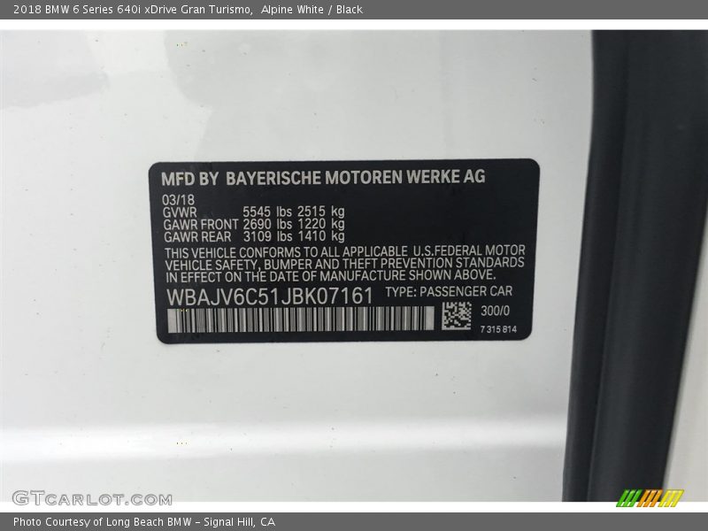 Alpine White / Black 2018 BMW 6 Series 640i xDrive Gran Turismo