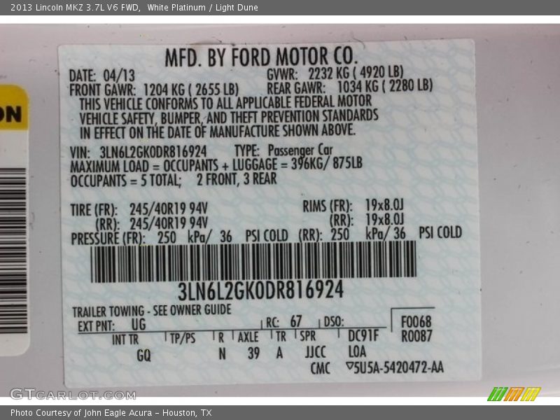 White Platinum / Light Dune 2013 Lincoln MKZ 3.7L V6 FWD