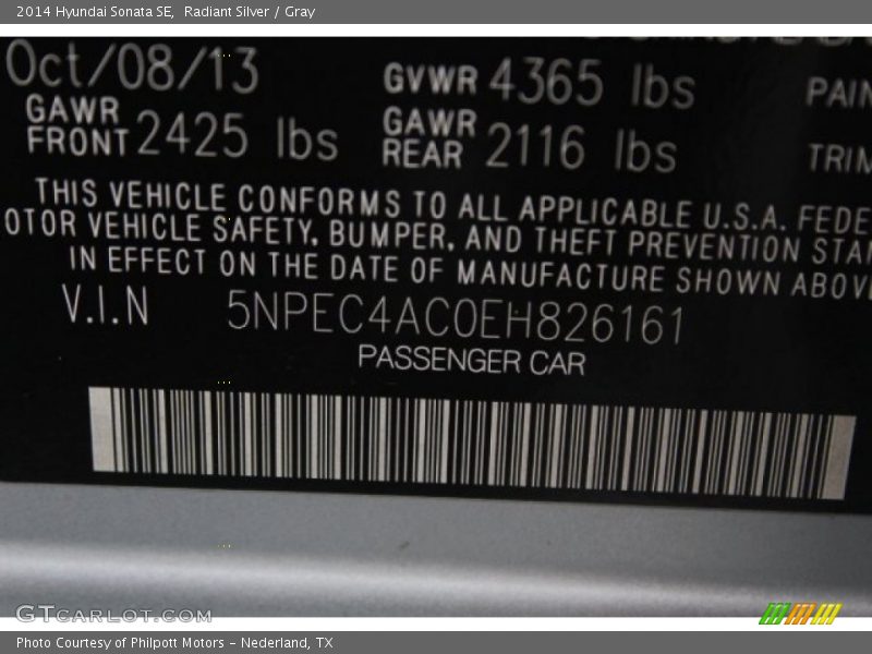 Radiant Silver / Gray 2014 Hyundai Sonata SE