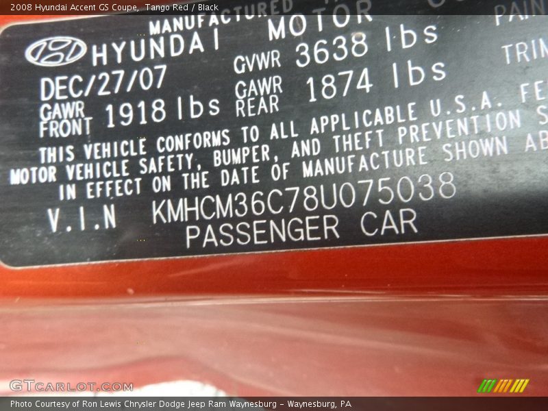 Tango Red / Black 2008 Hyundai Accent GS Coupe