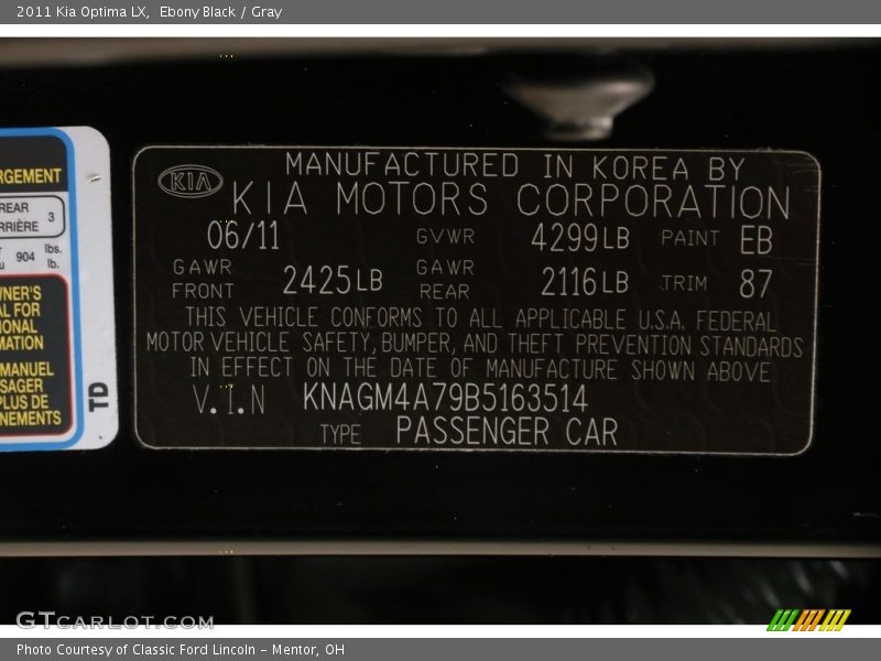 Ebony Black / Gray 2011 Kia Optima LX
