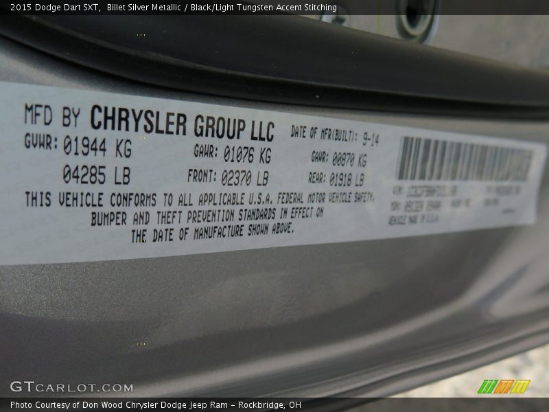 Billet Silver Metallic / Black/Light Tungsten Accent Stitching 2015 Dodge Dart SXT