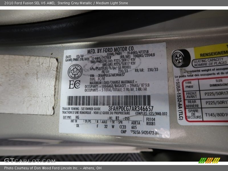 Sterling Grey Metallic / Medium Light Stone 2010 Ford Fusion SEL V6 AWD