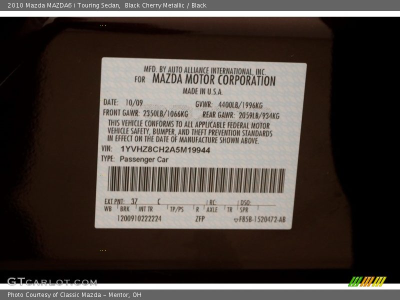 Black Cherry Metallic / Black 2010 Mazda MAZDA6 i Touring Sedan