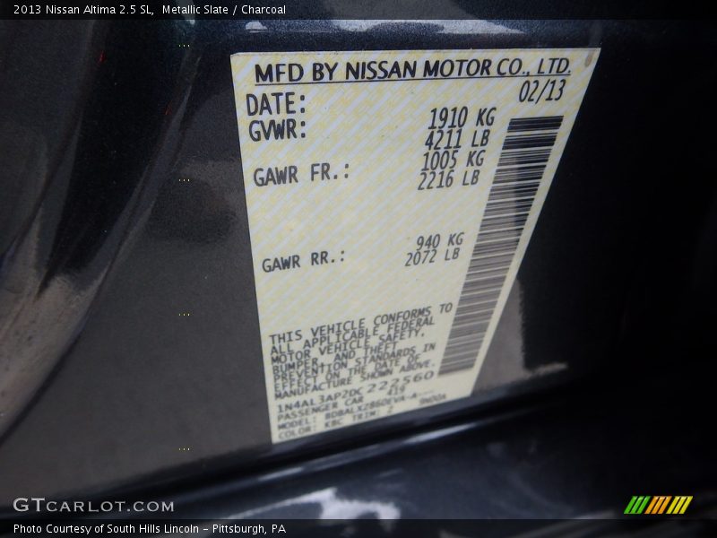 Metallic Slate / Charcoal 2013 Nissan Altima 2.5 SL
