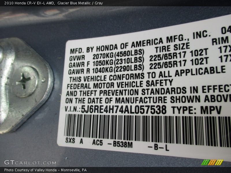 Glacier Blue Metallic / Gray 2010 Honda CR-V EX-L AWD