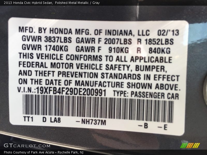 Polished Metal Metallic / Gray 2013 Honda Civic Hybrid Sedan