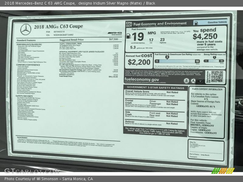 designo Iridium Silver Magno (Matte) / Black 2018 Mercedes-Benz C 63 AMG Coupe