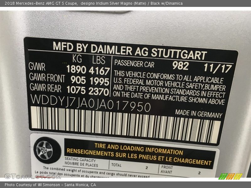 2018 AMG GT S Coupe designo Iridium Silver Magno (Matte) Color Code 982