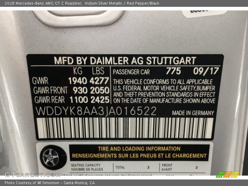 2018 AMG GT C Roadster Iridium Silver Metallic Color Code 775