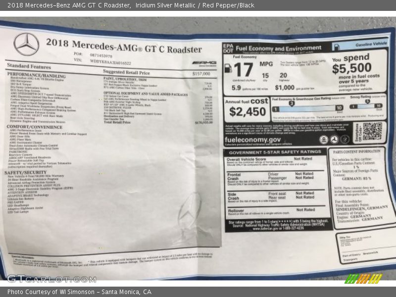  2018 AMG GT C Roadster Window Sticker