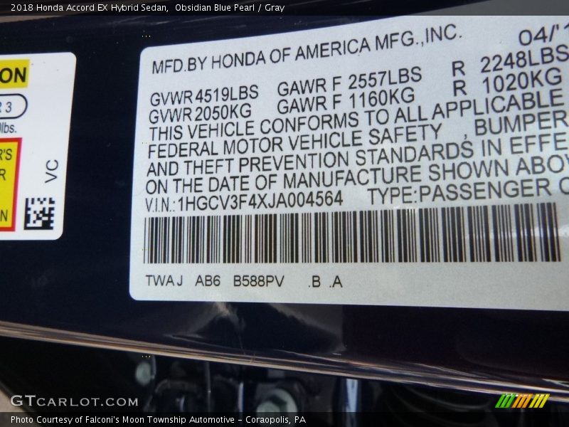 Obsidian Blue Pearl / Gray 2018 Honda Accord EX Hybrid Sedan