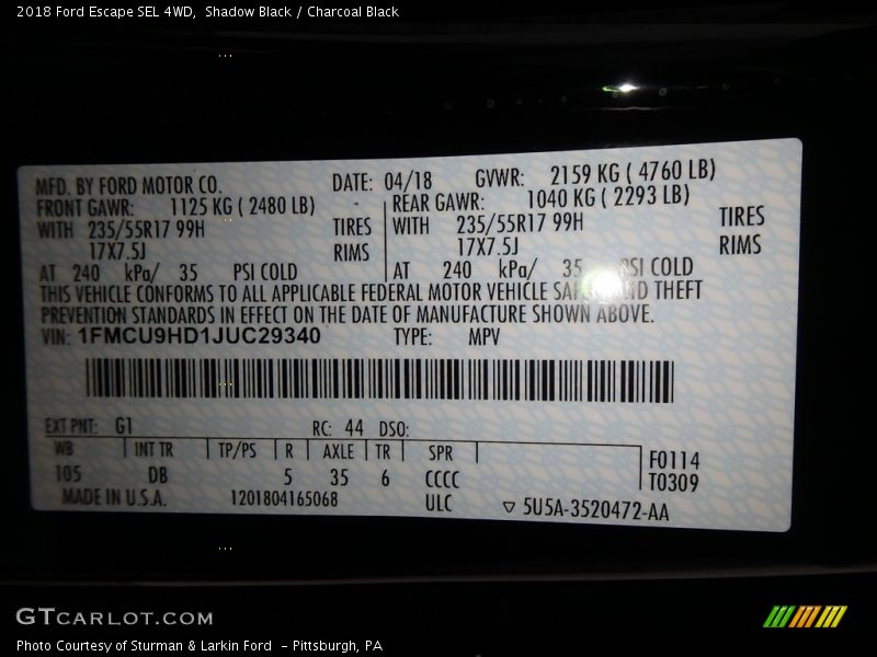 Shadow Black / Charcoal Black 2018 Ford Escape SEL 4WD