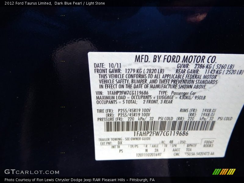 Dark Blue Pearl / Light Stone 2012 Ford Taurus Limited