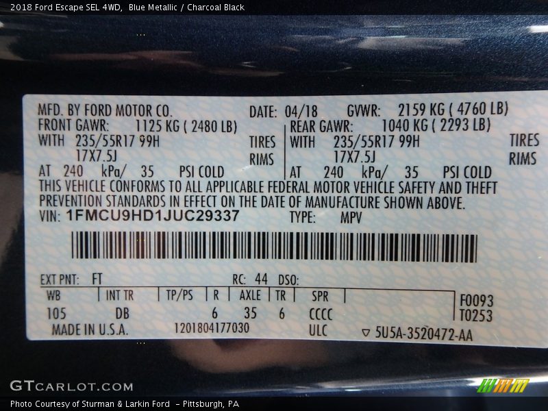 Blue Metallic / Charcoal Black 2018 Ford Escape SEL 4WD