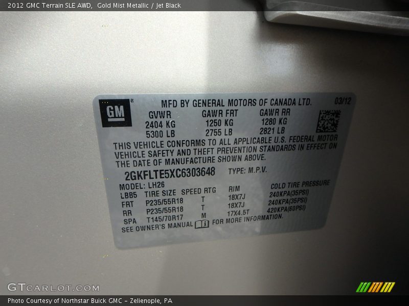 Gold Mist Metallic / Jet Black 2012 GMC Terrain SLE AWD