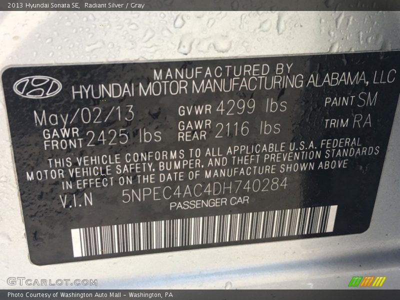 Radiant Silver / Gray 2013 Hyundai Sonata SE