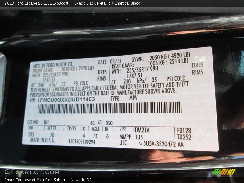 Tuxedo Black Metallic / Charcoal Black 2013 Ford Escape SE 1.6L EcoBoost